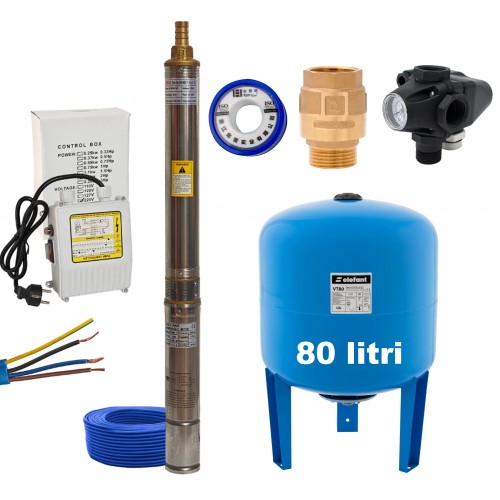 Kit complet hidrofor, Pompa submersibila 3.SdM2-11, DRK-Profesional, Diametru 75 mm, 750 W + Bazin 80 L + Accesorii