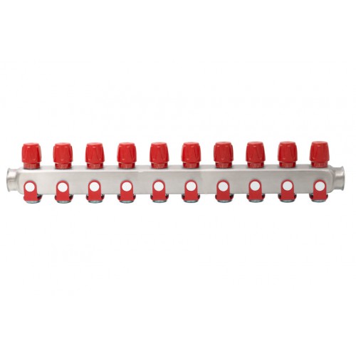 Distribuitor inox 10 cai cu robineti rosu 1"x 3/4"