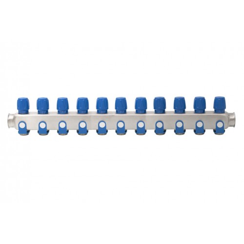 Distribuitor inox 11 cai cu robineti albastru 1"x 3/4"