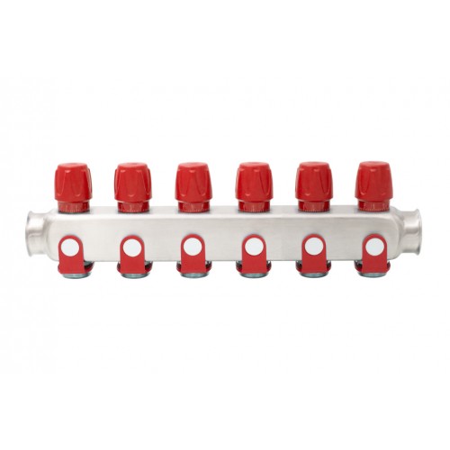Distribuitor inox 2 cai cu robineti rosu 1"x 3/4"