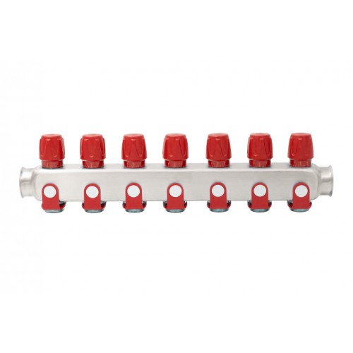Distribuitor inox 7 cai cu robineti rosu 1"x 3/4" Distribuitor inox 7 cai cu robineti rosu 1"x 3/4"