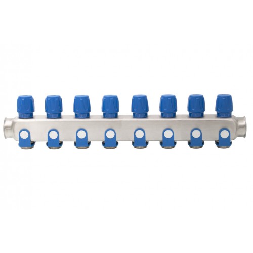 Distribuitor inox 8 cai cu robineti albastru 1"x 3/4"