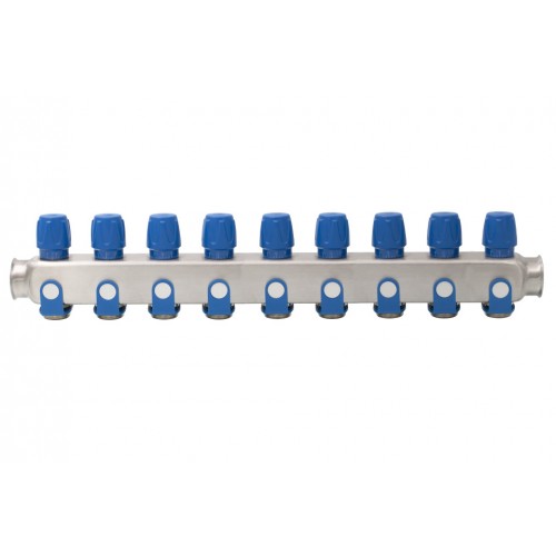 Distribuitor inox 9 cai cu robineti albastru 1"x 3/4"