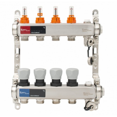 Set distribuitor INOX cu debitmetre, aerisitor manual si robineti de golire 1"- 4 cai Set distribuitor INOX cu debitmetre, aerisitor manual si robineti de golire 1"- 4 cai