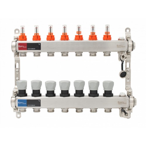 Set distribuitor INOX cu debitmetre, aerisitor manual si robineti de golire 1"- 7 cai
