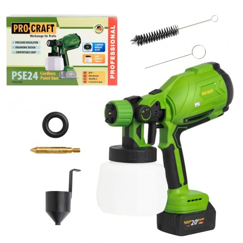 Pistol de vopsit pe acumulator PROCRAFT PSE24, 20V, 1000 ml, debit 380 ml/min Pistol de vopsit pe acumulator PROCRAFT PSE24, 20V, 1000 ml, debit 380 ml/min