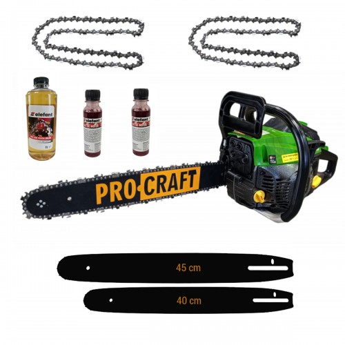 Motofierastrau cu lant pe benzina ProCraft GS450, 7CP, 2 lame, 2 lanturi, pachet ulei, ungere automata