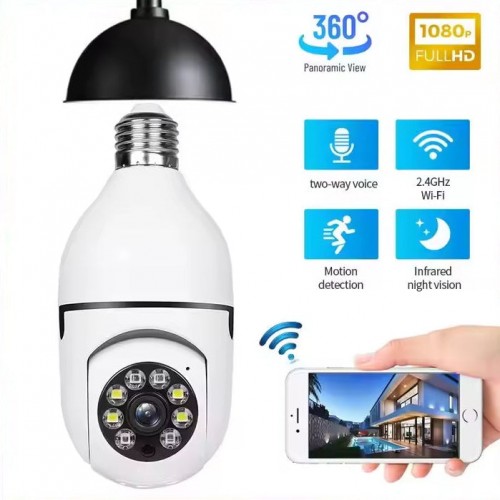 Cameră de Supraveghere WiFi Tip Bec, Full HD, Vedere Panoramică 360°, Soclu E27, Acces Telefon Cameră de Supraveghere WiFi Tip Bec, Full HD, Vedere Panoramică 360°, Soclu E27, Acces Telefon